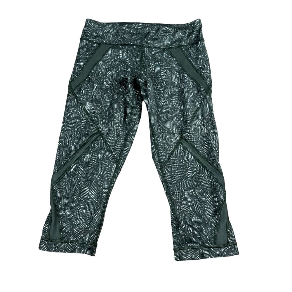LULULEMON Green White Palm Tree Mesh Inset Cropped Leggings Women's Size 6 - Picture 1 of 7